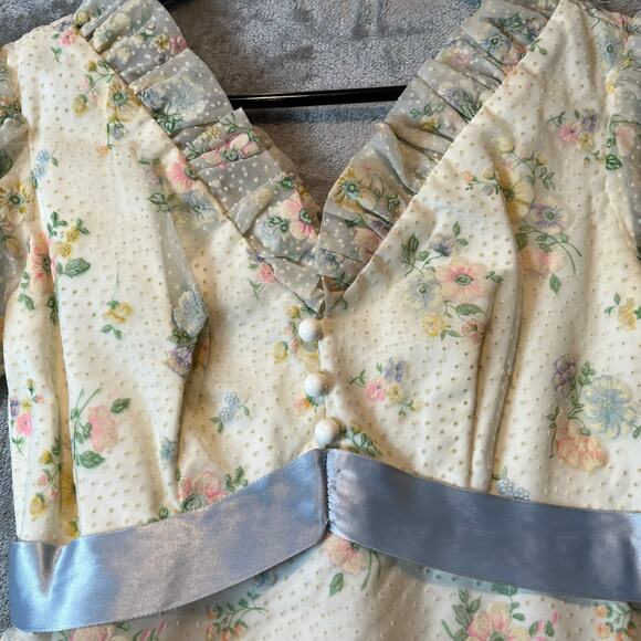 Vintage 70s Sheer Floral Maxi Dress Cottagecore Prairie Lace Puff Sleeve Gown XS - Picture 7 of 7